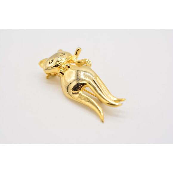 Vintage Cat Pin Brooch Pretty Gold Tone Shiny Metallic 1980s BinAJ - Picture 9 of 12